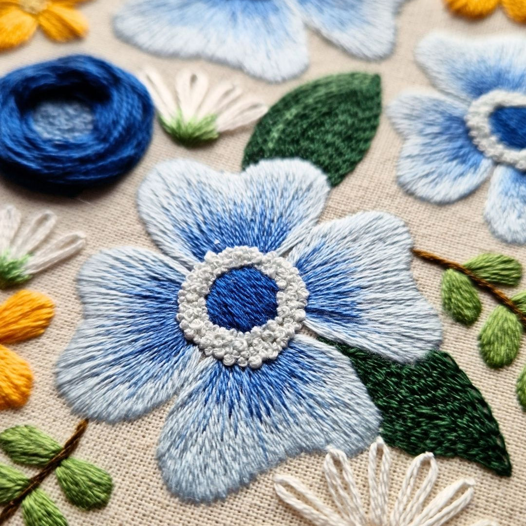 Blue floral hand embroidery design by Blackbird & Bloom.