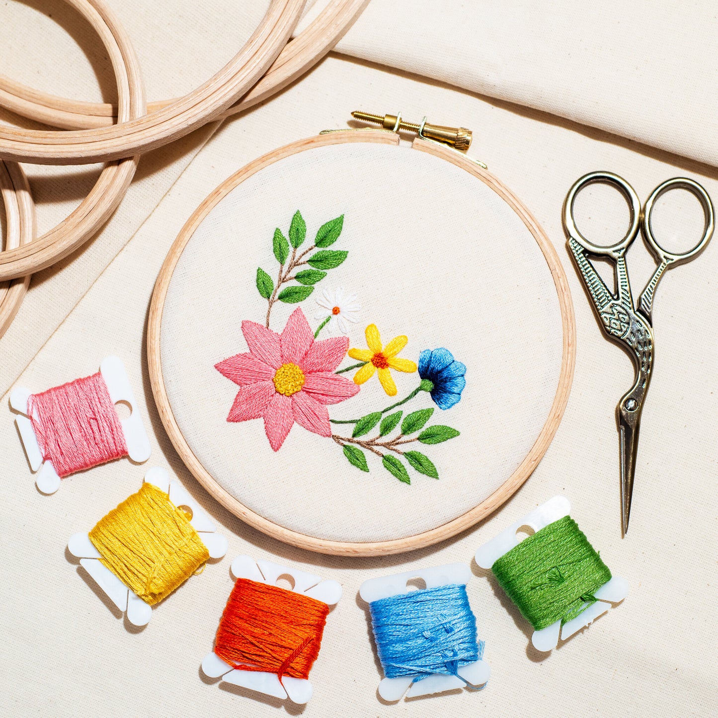 Floral Embroidery Design in Milward Hoop on canvas background surrounded by threads and scissors.