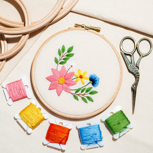 Floral Embroidery Design in Milward Hoop on canvas background surrounded by threads and scissors.
