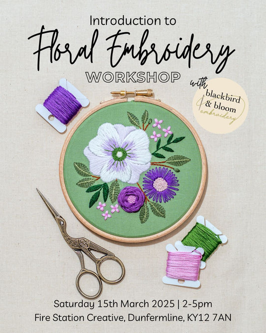 A beginner friendly embroidery workshop, focused on floral designs.