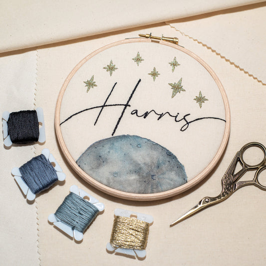 Custom 'Moon and Stars' Name Embroidered & Painted Hoop