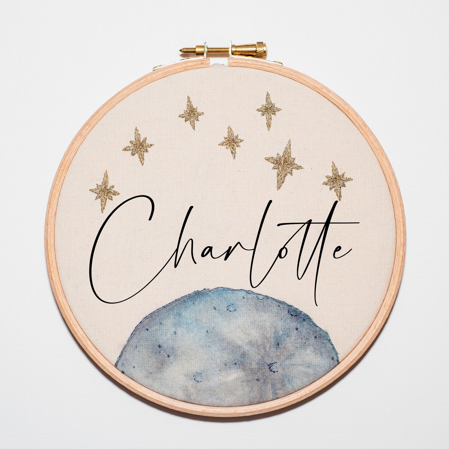 Custom 'Moon and Stars' Name Embroidered & Painted Hoop