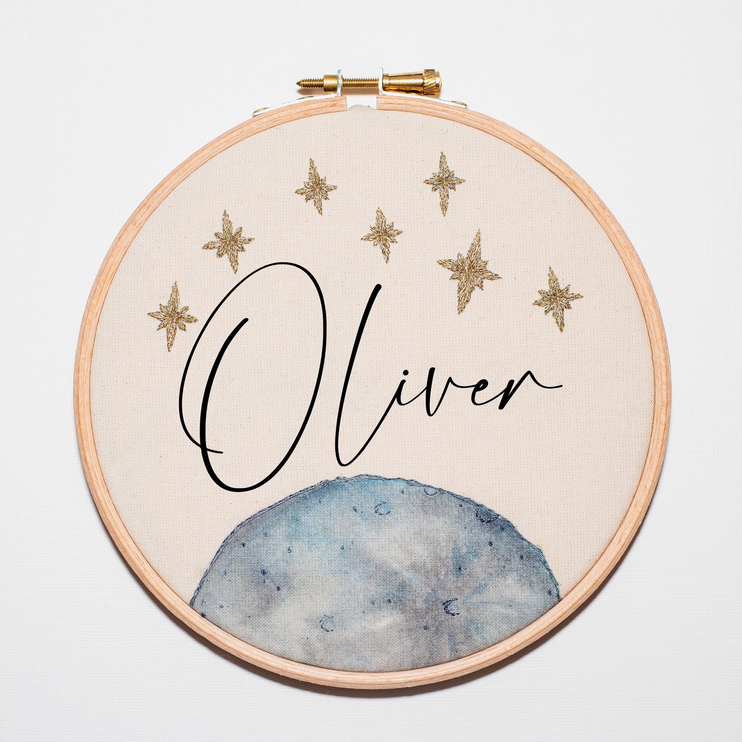Custom 'Moon and Stars' Name Embroidered & Painted Hoop