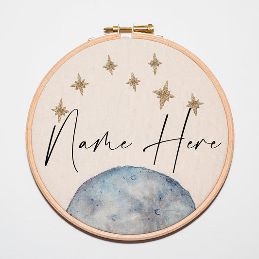 Custom 'Moon and Stars' Name Embroidered & Painted Hoop