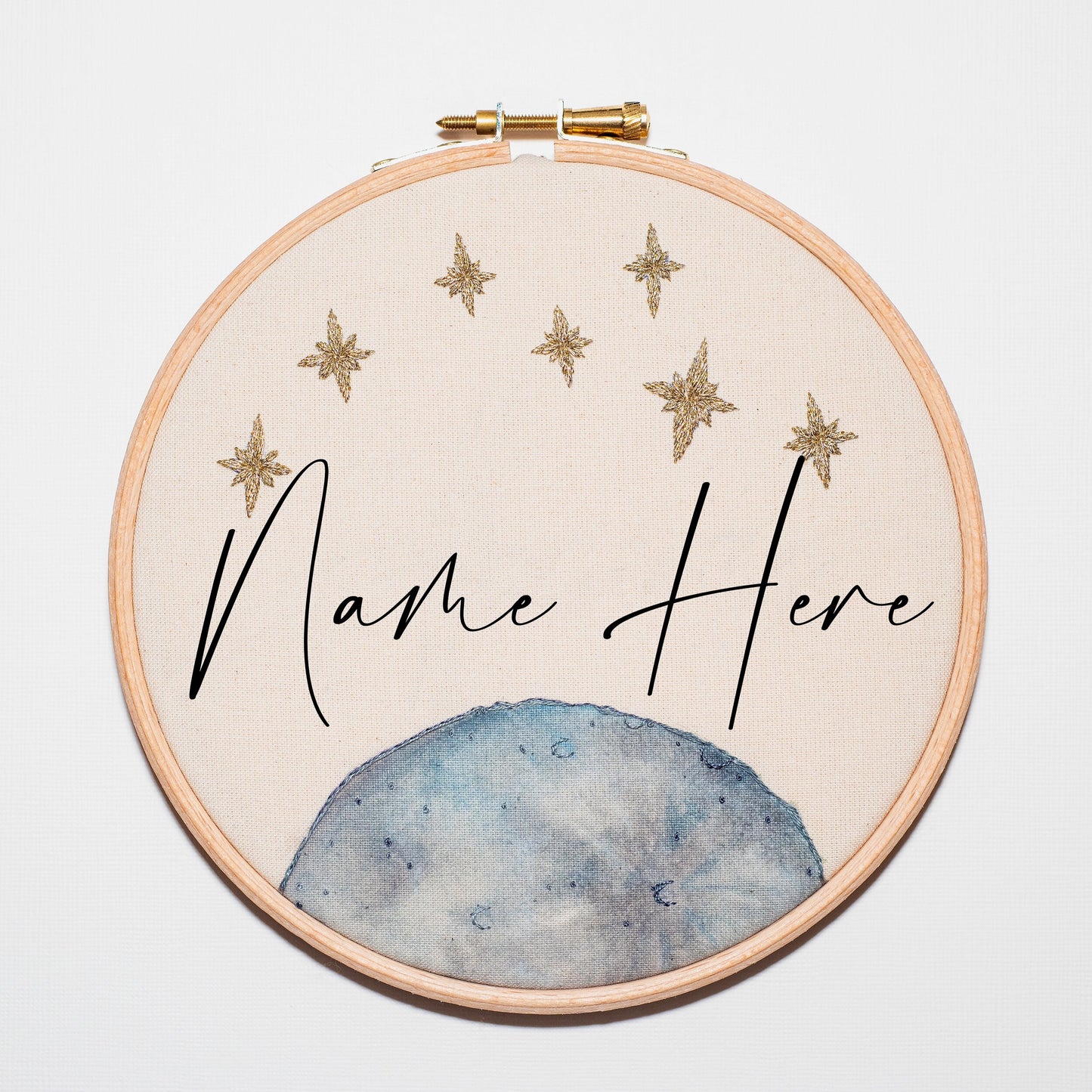 Custom 'Moon and Stars' Name Embroidered & Painted Hoop